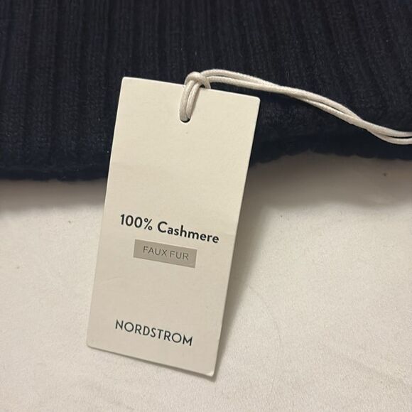 Nordstrom Faux Fur Cashmere Pompom Beanie, Black, 100% Cashmere NWT